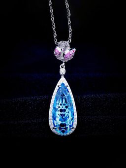 Jewels Galaxy - Blue Silver Plated American Diamond Studded Teardrop Shaped Necklace
