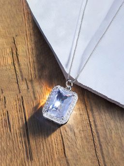 Jewels Galaxy - White Silver Plated Cubic Zirconia Studded Square Shaped Necklace
