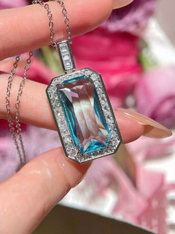 Jewels Galaxy - Blue Silver Plated Cubic Zirconia Studded Square Shaped Necklace