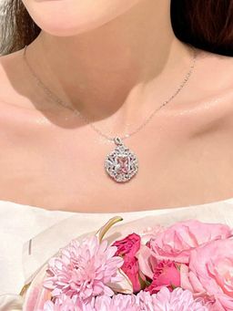 Jewels Galaxy - Pink Silver Plated Cubic Zirconia Contemporary Necklace