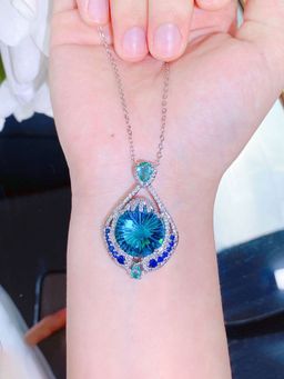 Jewels Galaxy - Teal Silver Plated Cubic Zirconia Studded Contemporary Shaped Necklace