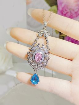 Jewels Galaxy - Multi-Color Silver Plated American Diamond Studded Teardrop Shaped Necklace