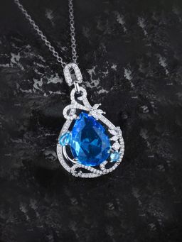 Jewels Galaxy - Blue Silver Plated Cubic Zirconia Studded Teardrop Shaped Necklace