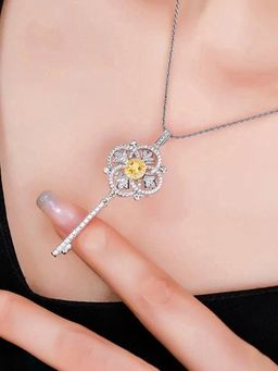 Jewels Galaxy - Yellow Silver Plated American Diamond Studded Key Shaped Necklace