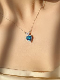 Jewels Galaxy - Blue Silver Plated Cubic Zirconia Studded Heart Shaped Necklace
