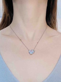 Jewels Galaxy - White Silver Plated Cubic Zirconia Heart Shaped Necklace
