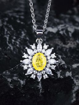 Jewels Galaxy - Silver Plated Stainless Steel Yellow Cz Studded Floral Pendant