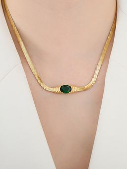 Jewels Galaxy - Gold Plated Stainless Steel Green Stone Studded Snake Chain Necklace