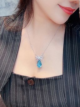 Jewels Galaxy - Silver Plated American Diamond Ice Cut Blue Teardrop Shape Pendant Necklace