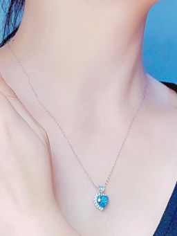 Jewels Galaxy - Silver Plated American Diamond Ice Cut Blue Heart Shape Pendant Necklace