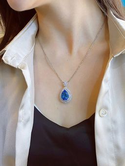 Jewels Galaxy - Silver Plated American Diamond Blue Teardrop Shape Pendant Necklace