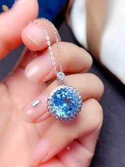 Jewels Galaxy - Silver Plated American Diamond Blue Round Shape Contemporary Pendant Necklace