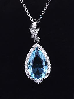 Jewels Galaxy - Silver Plated American Diamond Stylish Blue Teardrop Shape Pendant Necklace