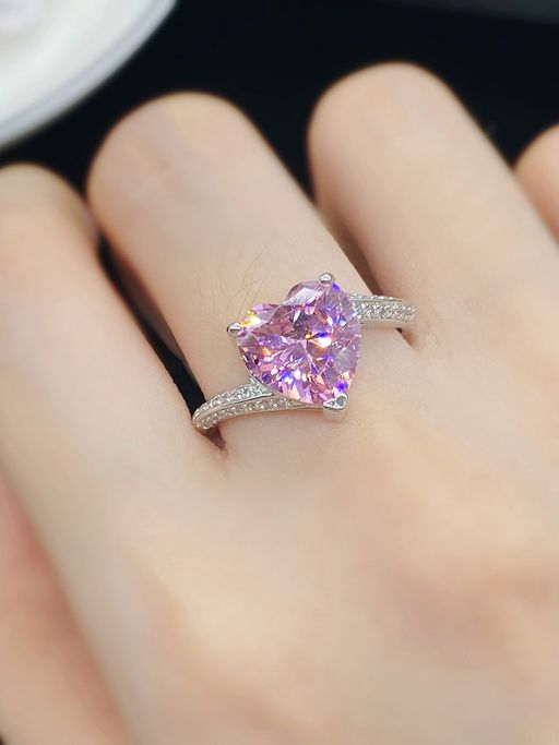 Jewels Galaxy Silver Plated American Diamond Crushed Ice Cut Pink Heart Shape Finger Ring