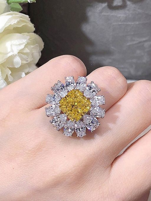 Jewels Galaxy Silver Plated American Diamond Crushed Ice Cut Yellow Floral Cocktail Finger Ring