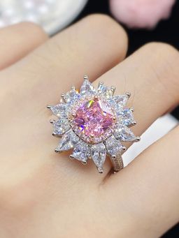 Jewels Galaxy - Silver Plated American Diamond Crushed Ice Cut Pink Floral Cocktail Finger Ring