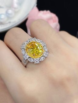 Jewels Galaxy - Silver Plated American Diamond Crushed Ice Cut Yellow Oval Cocktail Finger Ring