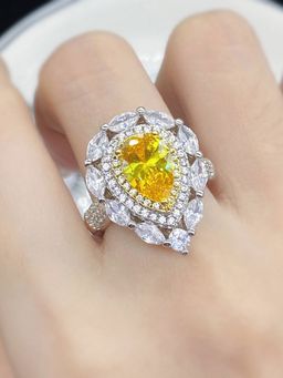 Jewels Galaxy - Silver Plated American Diamond Crushed Ice Cut Yellow Teardrop Finger Ring