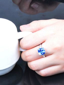 Jewels Galaxy - Silver Plated American Diamond Crushed Ice Cut Navy Blue Square Finger Ring