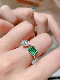 Jewels Galaxy - Silver Plated American Diamond Crushed Ice Cut Green Rectangular Finger Ring