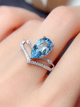 Jewels Galaxy - Silver Plated American Diamond Crushed Ice Cut Blue Teardrop Finger Ring