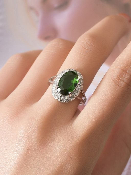 Jewels Galaxy Silver Plated American Diamond Crushed Ice Cut Green Oval Finger Ring