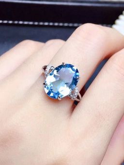 Jewels Galaxy - Silver Plated American Diamond Crushed Ice Cut Blue Oval Finger Ring
