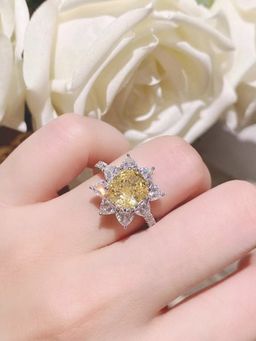 Jewels Galaxy - Silver Plated American Diamond Crushed Ice Cut Yellow Floral Finger Ring
