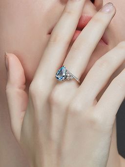 Jewels Galaxy - Silver Plated American Diamond Crushed Ice Cut Blue Teardrop Style Finger Ring