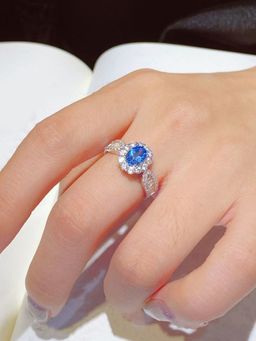 Jewels Galaxy - Silver Plated American Diamond Crushed Ice Cut Blue Oval Contemporary Finger Ring
