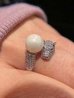 Jewels Galaxy - Silver Plated Pearl Studded Jaguar Themed Finger Ring