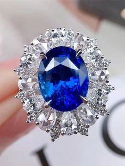 Jewels Galaxy - Silver Plated American Diamond Crushed Ice Cut Navy Blue Oval Finger Ring