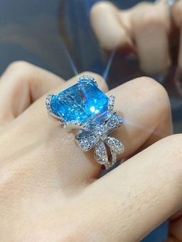 Jewels Galaxy - Silver Plated American Diamond Crushed Ice Cut Blue Contemporary Finger Ring