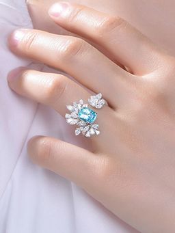 Jewels Galaxy - Silver Plated American Diamond Crushed Ice Cut Turquoise Contemporary Finger Ring