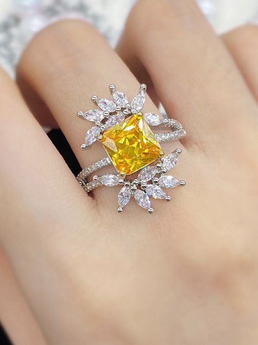 Jewels Galaxy Silver Plated American Diamond Crushed Ice Cut Yellow Contemporary Finger Ring