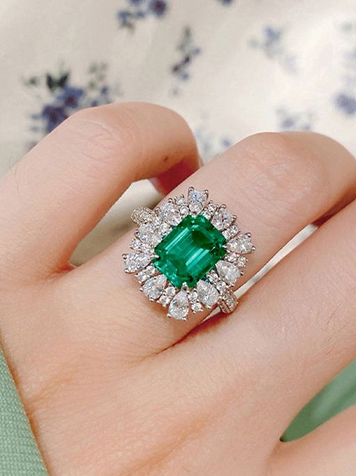 Jewels Galaxy Silver Plated American Diamond Crushed Ice Cut Green Rectangular Finger Ring