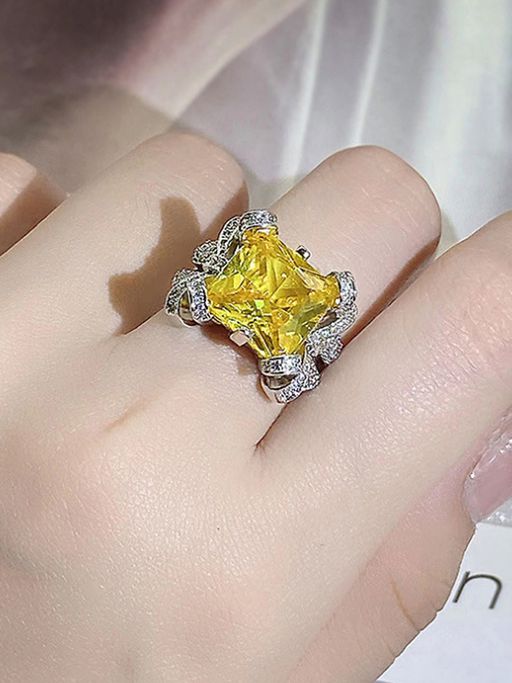 Jewels Galaxy Silver Plated American Diamond Crushed Ice Cut Yellow Contemporary Finger Ring