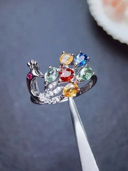 Jewels Galaxy - Womens Multi-Color Silver Plated American Diamond Studded Ring