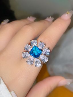 Jewels Galaxy - Womens Blue Floral Silver Plated Cubic Zirconia Studded Ring