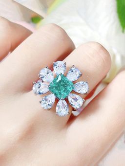 Jewels Galaxy - Womens Green Floral Silver Plated Cubic Zirconia Studded Ring