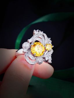 Jewels Galaxy - Yellow Silver Plated Cubic Zirconia Studded Ring