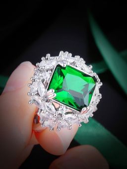 Jewels Galaxy - Green Silver Plated Cubic Zirconia Stone Studded Ring