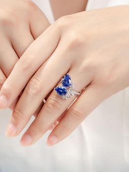 Jewels Galaxy - Blue Silver Plated Cubic Zirconia Studded Ring