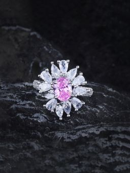 Jewels Galaxy - Womens Silver Plated Pink Crystal Stone Studded Ring