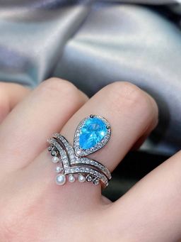 Jewels Galaxy - Blue Silver Plated American Diamond Studded Anti Tarnish Ring
