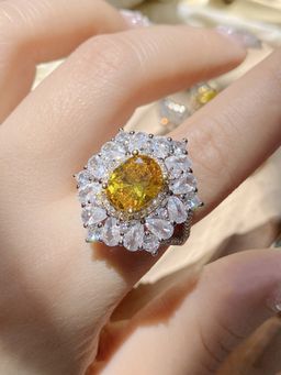 Jewels Galaxy - Yellow Silver Plated Crystals Stone Studded Ring