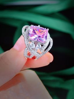 Jewels Galaxy - Pink Sliver Plated Cubic Zirconia Studded Ring