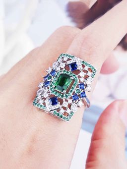 Jewels Galaxy - Multi-Color Silver Plated Crystals Stone Studded Ring