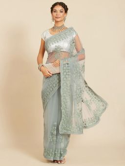 Odette - Teal Green Net Embroidered Saree with Unstitched Blouse