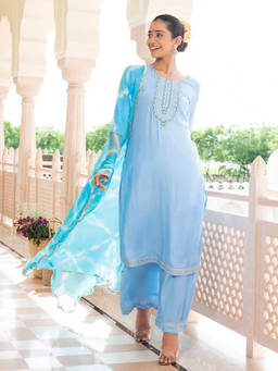 EverBloom - Naazneen Light Blue Embroidered Straight Kurta With Pant & Dupatta (Set of 3)